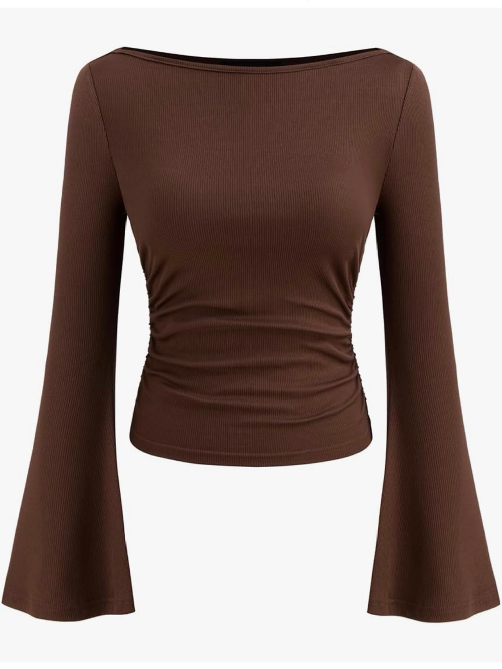 CIDER Brown Long-Sleeve Ruched Boatneck Top